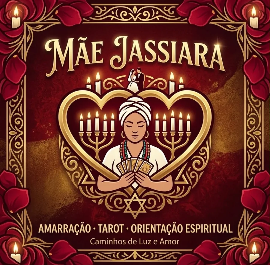 Marca da Mãe Jassiara: dois corações dourados com ela ao centro, velas, rosas e a frase Caminhos de Luz e Amor